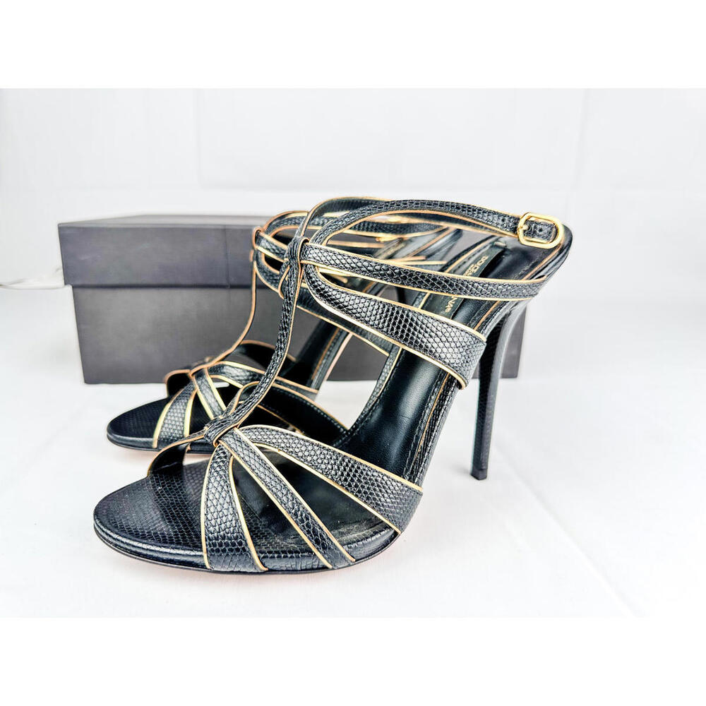 Dolce & Gabbana Ankle-Strap Heels Black & Gold Leather Size 39 EU Full Set NWT - Picture 3 of 9